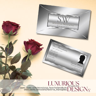 Luxe Glam Silver Glamor with Monogram and Photo 名刺
