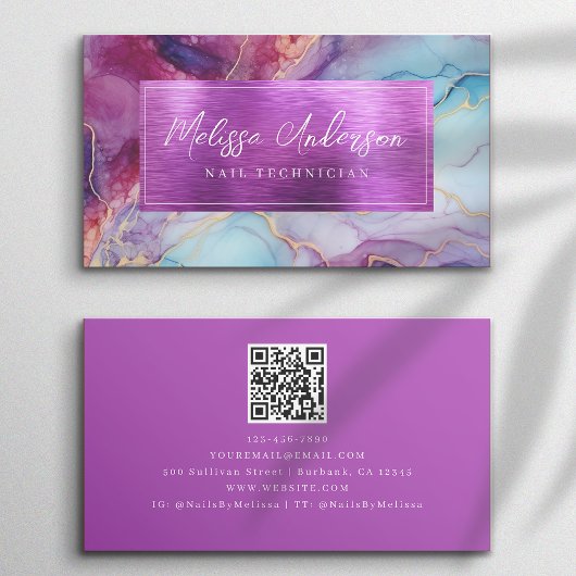 Luxe Marble Foil Purple QRコード 名刺