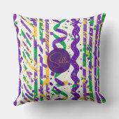 Luxe Mardi Gras Purple Gold Green Stripes Confetti クッション (裏面)
