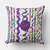 Luxe Mardi Gras Purple Gold Green Stripes Confetti クッション (正面)