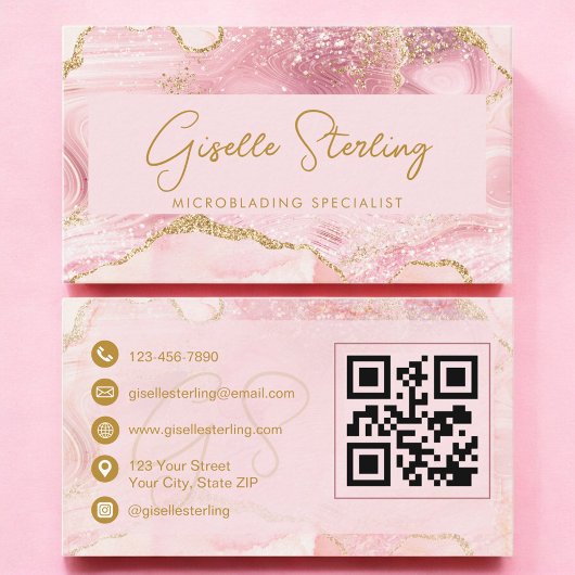 Luxe Microblading Blush Pink Gold Agate QR Code 名刺
