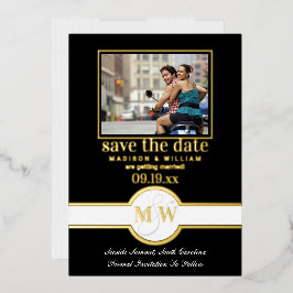 Luxe Monogram Photo Save The Date Black And Data 箔招待状
