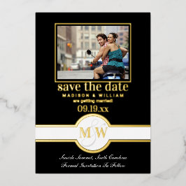 Luxe Monogram Photo Save The Date Black And Data 箔招待状