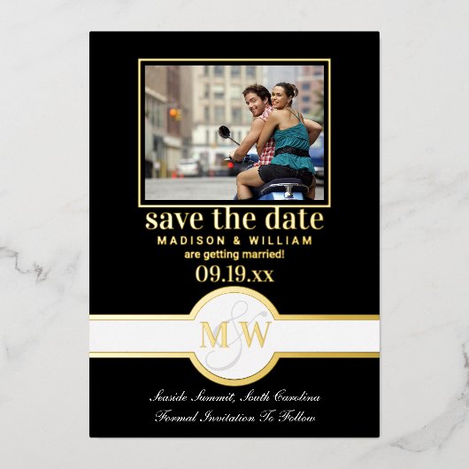 Luxe Monogram Photo Save The Date Black And Data 箔招待状 (正面)