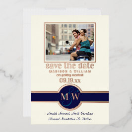 Luxe Monogram Photo Save The Date Navyバラ金ゴールド 箔招待状