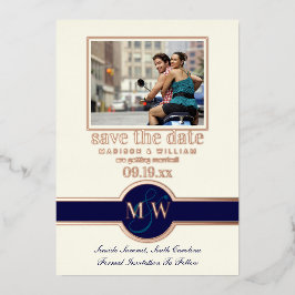 Luxe Monogram Photo Save The Date Navyバラ金ゴールド 箔招待状