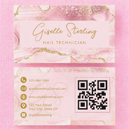 Luxe Nail Technician Blush Pink Gold Agate QR Code 名刺