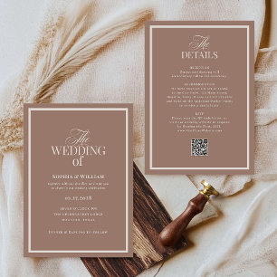 Luxe Neutral Mocha Taupe RSVP QRコード ウェディング 招待状
