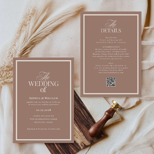 Luxe Neutral Mocha Taupe | RSVP QR Code Wedding 招待状