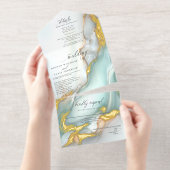 Luxe Opal Teal Gold Fluid Alcohol Ink オールインワン招待状 (切り取り部)