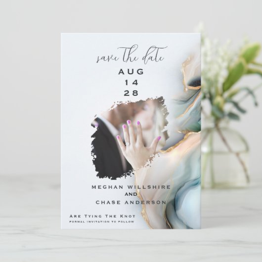 Luxe Opal Teal Gold Fluid Alcohol Ink 招待状 (スタンド正面)