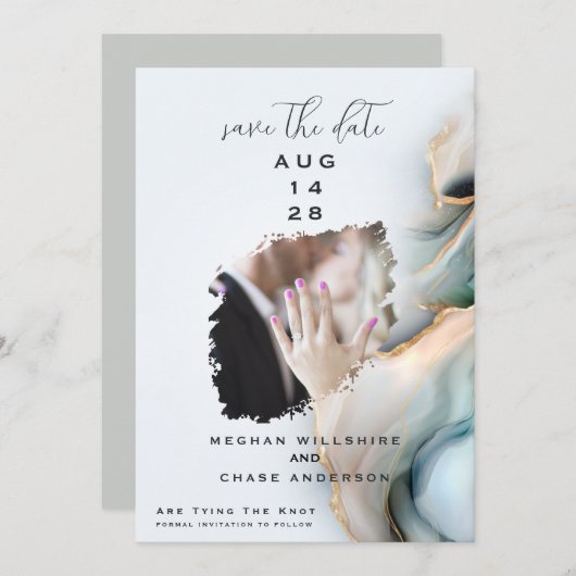 Luxe Opal Teal Gold Fluid Alcohol Ink 招待状 (正面/裏面)