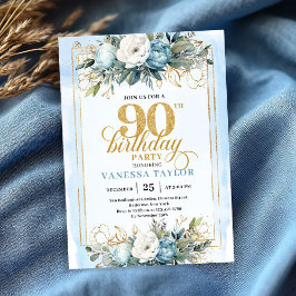 Luxe pale blue gold detailing 90th birthday invite 招待状