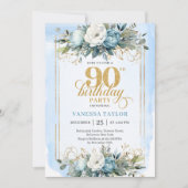 Luxe pale blue gold detailing 90th birthday invite 招待状 (正面)