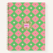 Luxe Pink & Green Harlequin Crest Monogram ノートブック (正面)