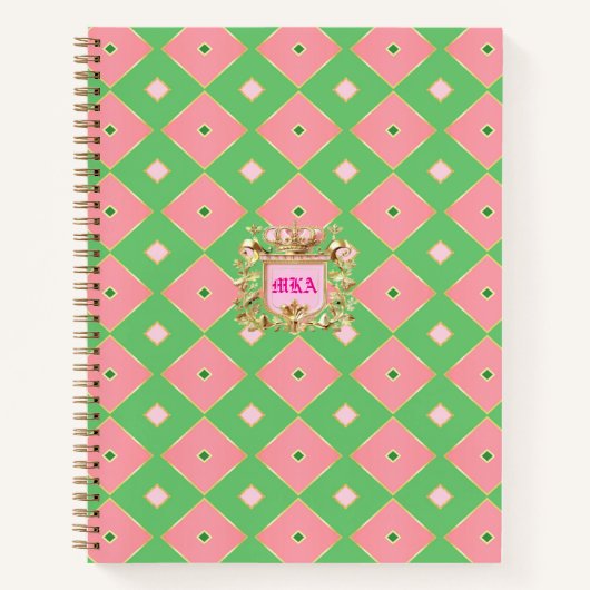 Luxe Pink & Green Harlequin Crest Monogram ノートブック (正面)