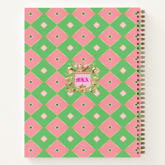 Luxe Pink & Green Harlequin Crest Monogram ノートブック (裏面)