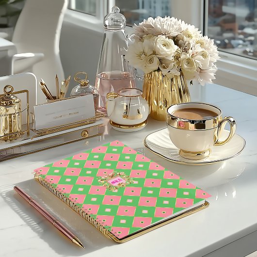 Luxe Pink & Green Harlequin Monogram Planner プランナー手帳