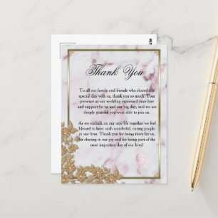 Luxe Pink Marble and Pearls 結婚's Thank You ポストカード