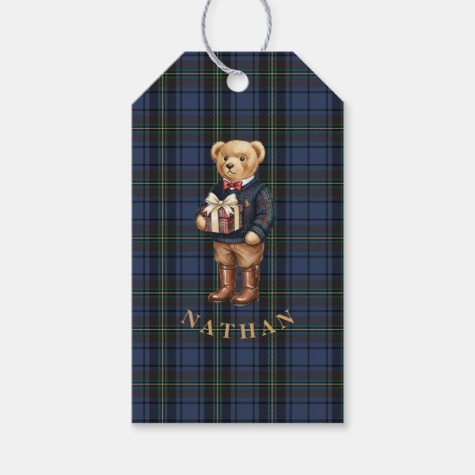 Luxe Preppy Plaid Christmas Teddy Bear ギフトタグ (正面)