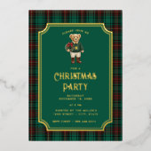 Luxe Preppy Plaid Christmas Teddy Bear 箔招待状 (正面)