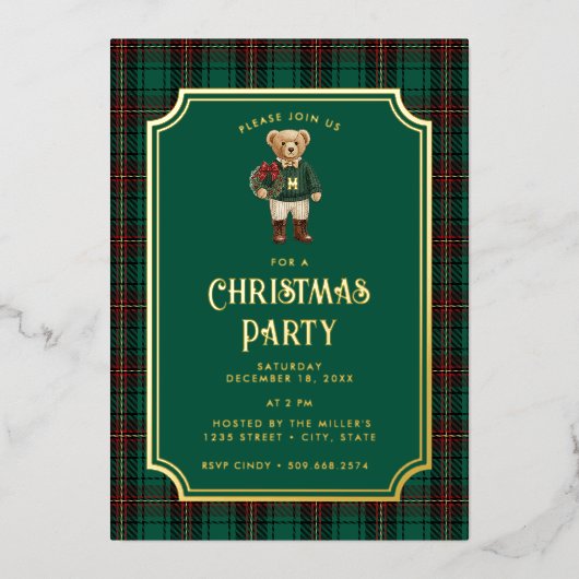 Luxe Preppy Plaid Christmas Teddy Bear 箔招待状 (正面)