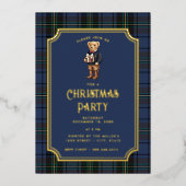 Luxe Preppy Plaid Christmas Teddy Bear 箔招待状 (正面)