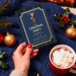 Luxe Preppy Plaid Christmas Teddy Bear 箔招待状