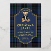 Luxe Preppy Plaid Christmas Teddy Bear 箔招待状 (正面)