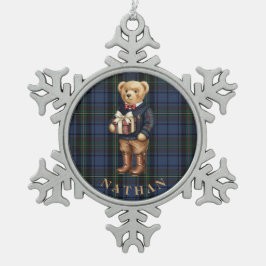 Luxe Preppy Plaid Christmas Teddy Bear Photo Card スノーフレークピューターオーナメント