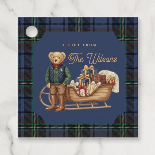Luxe Preppy Plaid Christmas Teddy Bear Photo Card フェイバータグ (正面)
