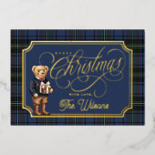 Luxe Preppy Plaid Christmas Teddy Bear Photo Card 箔シーズンカード (正面)