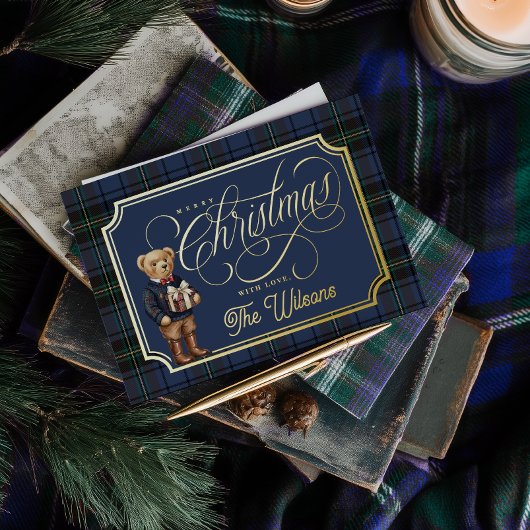 Luxe Preppy Plaid Christmas Teddy Bear Photo Card 箔シーズンカード
