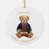 Luxe Preppy Plaid Teddy Bear | 1st Christmas セラミックオーナメント (正面)