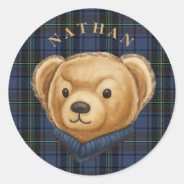 Luxe Preppy Plaid Teddy Bear Head ラウンドシール