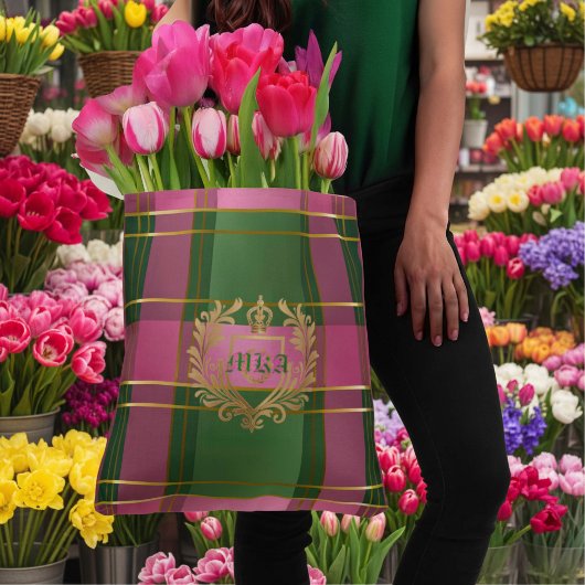 Luxe Preppy Posh Plaid Monogrammed Pink and Green  トートバッグ