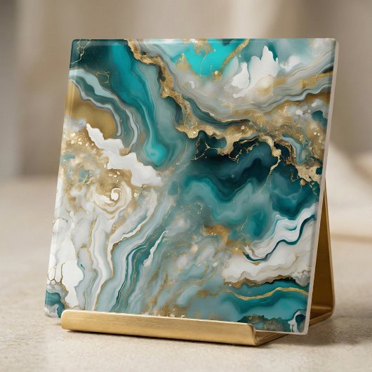 Luxe Teal Turquoise & Gold Agate Marble Fluid Art タイル