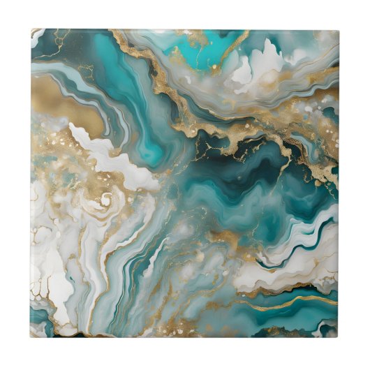 Luxe Teal Turquoise & Gold Agate Marble Fluid Art タイル (正面)