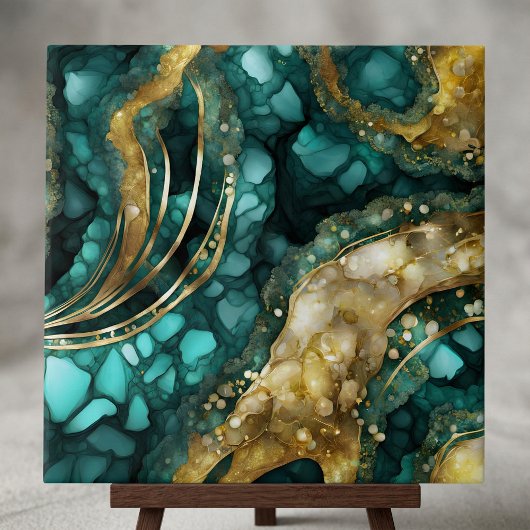 Luxe Teal Turquoise Liquid Gold Marble Agate Geode タイル