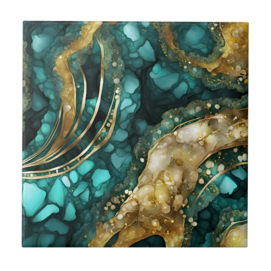 Luxe Teal Turquoise Liquid Gold Marble Agate Geode タイル (正面)
