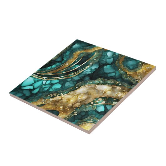 Luxe Teal Turquoise Liquid Gold Marble Agate Geode タイル (側面)