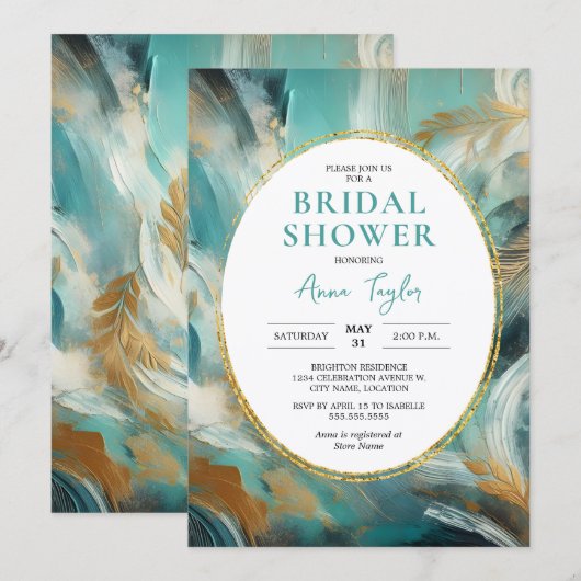 Luxe Turquoise Gold Brushstroke Bridal Shower 招待状 (正面/裏面)