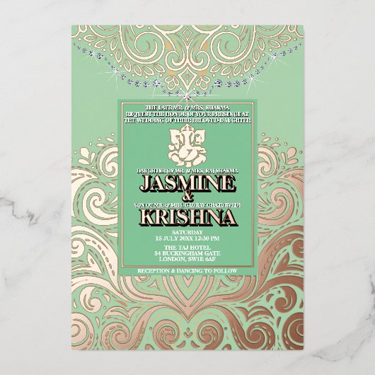 LuxGlitterセージPinkGoldガネシャ結婚ヒンズー 箔招待状 (正面)