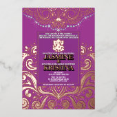 LuxGlitterパープルピンクゴールドガネシャ結婚ヒンドゥー 箔招待状 (正面)