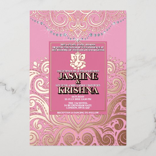 LuxGlitterピンクゴールドガネシャ結婚ヒンズー 箔招待状 (正面)