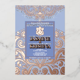 LuxGlitterブルーピンクゴールドガネシャ結婚ヒンズー 箔招待状