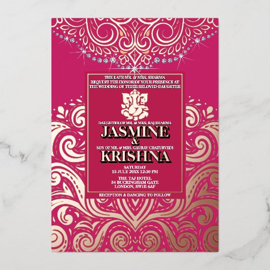 LuxGlitter RosePink PinkGold Ganeshaヒンズー結婚ズ 箔招待状 (正面)
