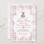 Luxsary Teddy Bear Pink Plaid Baby Girl Shower  招待状 (正面)