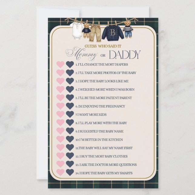 Luxsary Teddy Bear Plaid Baby Shower Game (正面)