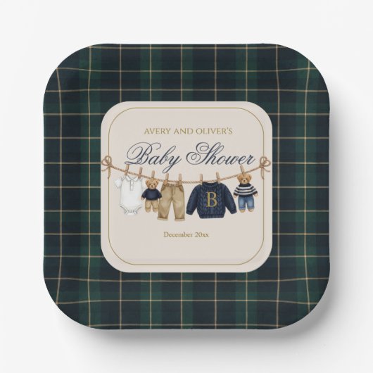 Luxsary Teddy Bear Plaid Baby Shower Paper Plate ペーパープレート (正面)